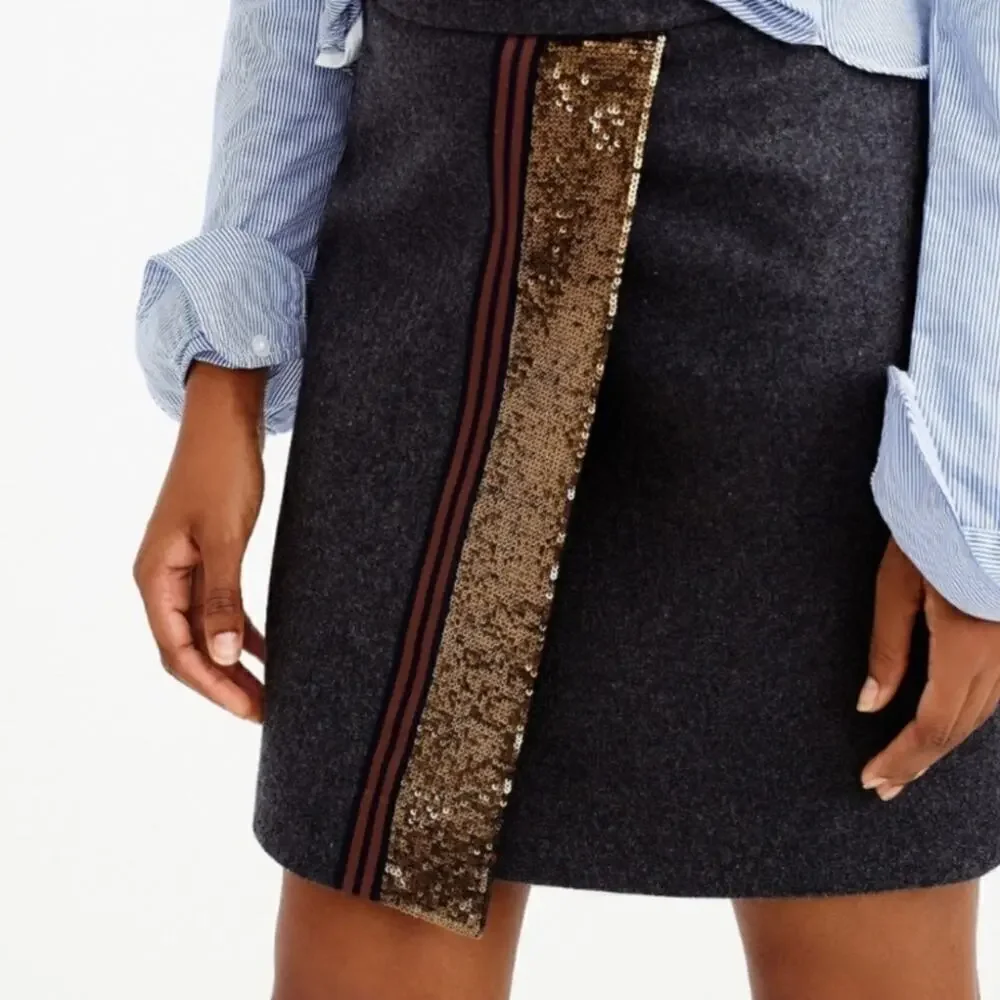 J. Crew gray wool blend faux wrap sequined mini skirt holiday back zip size 00